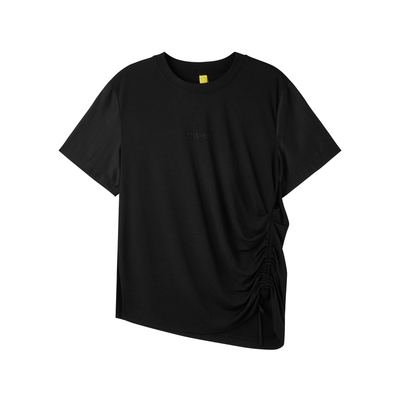 U/TI黑色拼袖抽绳T恤女装 正肩收束短袖休闲上衣尤缇2025夏季新款