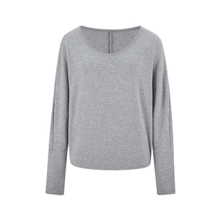 MosesQueen魔西女王灰色长袖t恤女秋宽松内搭圆领蝙蝠袖打底上衣