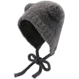 小熊耳朵绑带毛绒帽子女冬季保暖护耳帽显脸小针织毛线帽套头冷帽