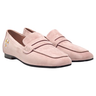 MD女鞋·绒花·粉色乐福鞋平底单鞋一脚蹬复古反绒皮鞋软底豆豆鞋