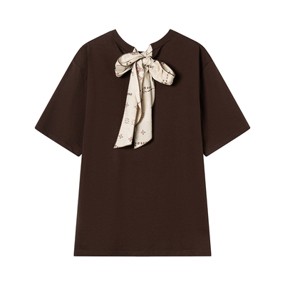 天丝亚麻印花丝巾拼接圆领短袖