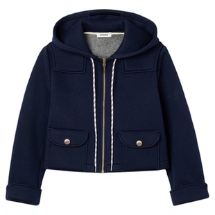 季末7折SANDRO2025秋冬新款女士条纹撞色帽绳卷边袖口短款外套