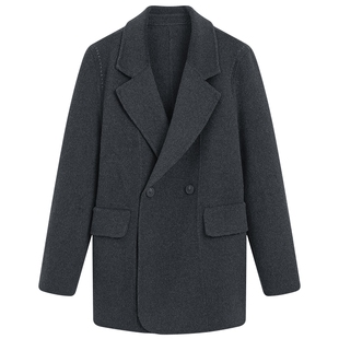 KBNE高智通勤翻领毛呢西装外套女2025冬季新款灰色气质双面呢大衣