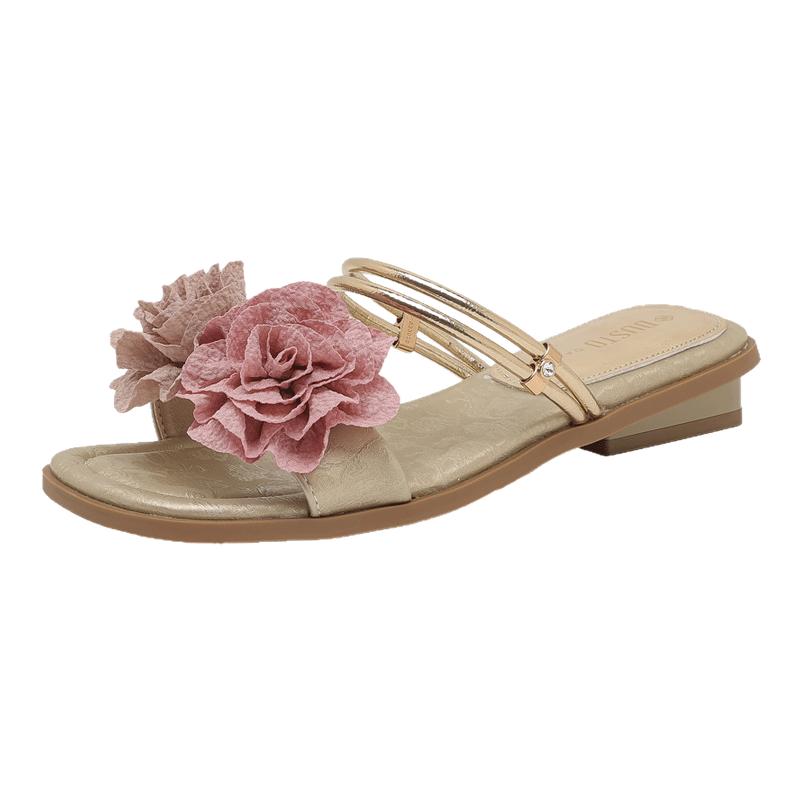 大东时装拖鞋女鞋2025夏季新款优雅方跟低跟套脚露趾饰花X0069