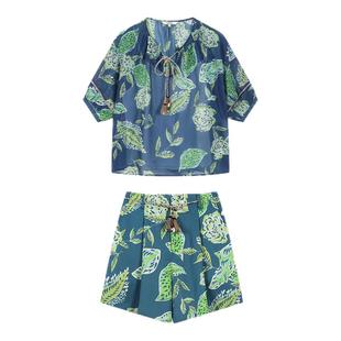 tanni25夏新款甜美复古度假风宽松休闲印花上衣短裤TO11BL154A