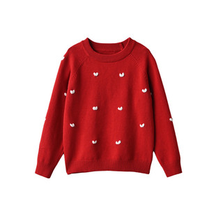 新年款 手工摇花爱心毛衣儿童圆领针织衫中小童女童棉线长袖上衣