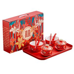 结婚敬茶杯子喜碗喜事红色改口盖碗茶具对碗套装陪嫁用品全婚庆