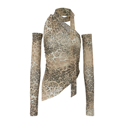 豹纹辣妹斜露肩修身T恤