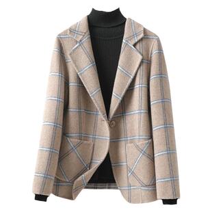 毛呢外套女西装领短款格子修身气质小个子新款高档双面呢羊毛大衣