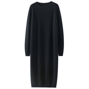 上身太棒了！纸片人100%纯山羊绒衫女圆领长款毛衣连衣裙子加厚