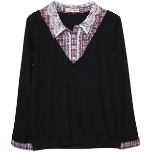 艾依琪格大码女装2025新款冬胖mm学院风格子假两件上衣胖妹妹长袖