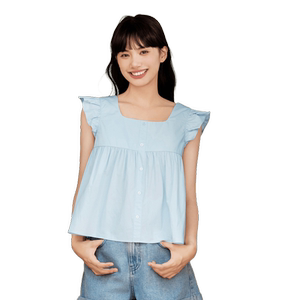 森马短袖衬衫女短款修身方领温柔2024夏季新款纯棉小飞袖衬衣可爱