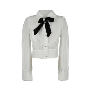 迟伞伞 归国千金 miu系手工蕾丝钉珠丝绒蝴蝶结本白衬衫女