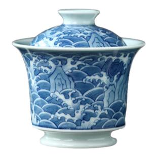 手作原矿青花海象纹二才盖碗茶杯复古高岭土景德镇陶瓷茶具泡茶器