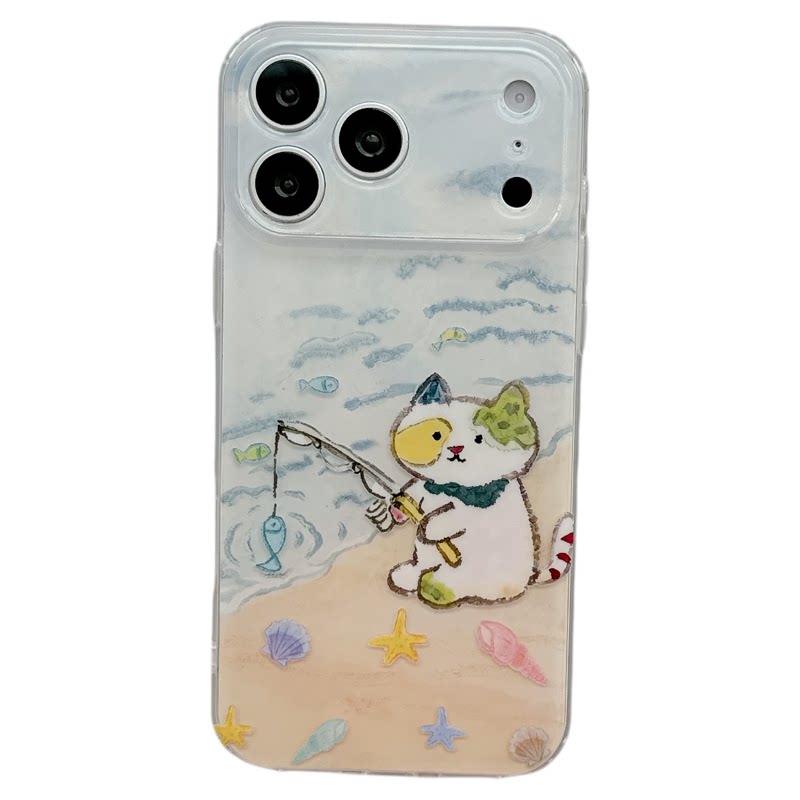 MoreRex水彩卡通海滩猫咪适用苹果18手机壳治愈iphone17promax新款18pro清新14全包防摔保护套14创意16超好看