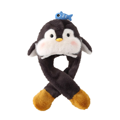 企鹅帽子围巾一体儿童2025新款冬季可爱捏耳朵会动的围脖小男孩女