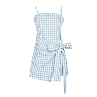 陈都灵同款 Kroche 亚麻棉 立体花蓝白格纹绑带吊带连衣裙