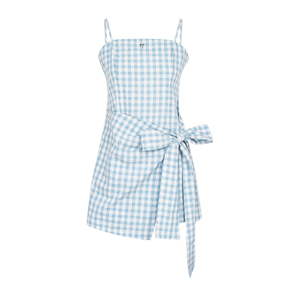 亚麻棉立体花格纹绑带吊带连衣裙