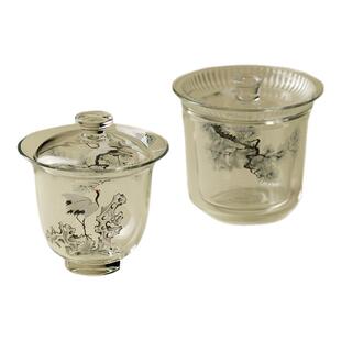 里作中国风墨彩松鹤玻璃盖碗高端精致高硼硅泡茶碗功夫茶具敬茶碗