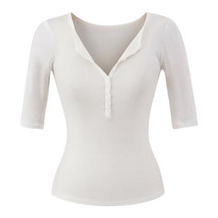 怪力酱 正肩V领紧身中袖t恤女夏季纯欲修身束腰气质内搭辣妹上衣