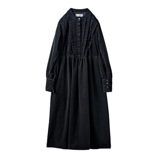 冬季新品 桑妮库拉/Sunny clouds黑色灯芯绒褶裥连衣裙宽松长裙女