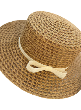 法式蝴蝶结平顶草帽女夏季镂空