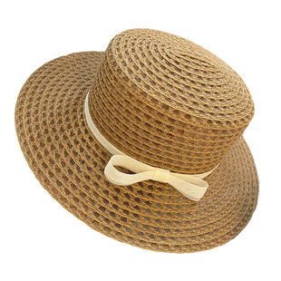 法式蝴蝶结平顶草帽女夏季镂空透气平檐海边沙滩度假防晒太阳帽子