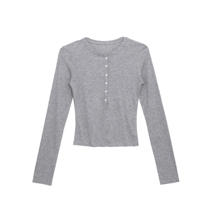 荒荒家 扣子长袖T恤2026春秋新款修身设计小众polo领套头上衣女