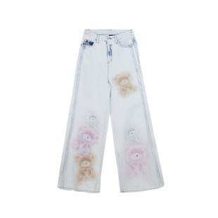 周深同款LALABOBO宽松复古风毛熊字母阔腿纯棉牛仔裤|LBDA-WXZC50