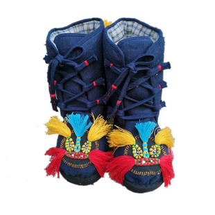 原创农家手工千层底虎头棉鞋加厚女冬保暖棉花文艺布棉鞋高帮系带