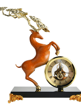 中式高级感宏图有鹿时钟摆件