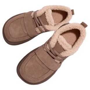 红粉知己复古魔术贴外穿毛毛鞋女冬新款平跟磨砂皮保暖休闲鞋