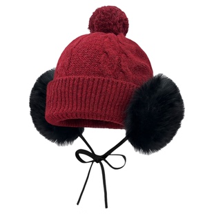 韩版毛绒球球绑带针织雷锋帽子女冬季保暖防寒护耳帽显脸小毛线帽