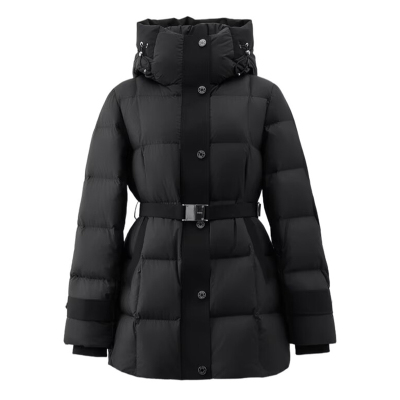 2025新款女装冬季修身收腰中长款羽绒服小个子黑色连帽白鹅绒外套