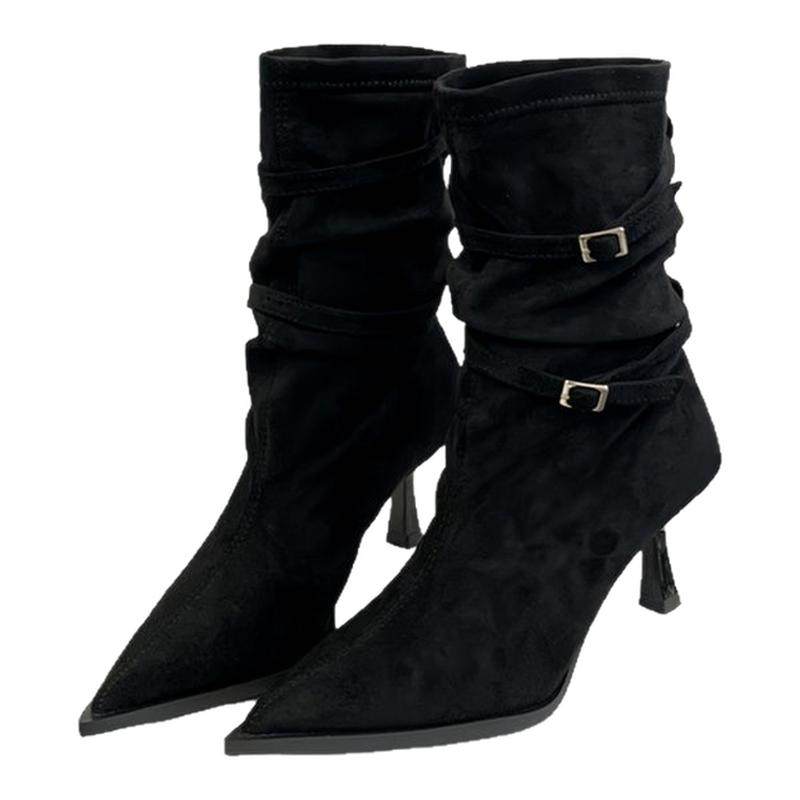 气质显瘦尖头细跟皮带扣褶皱堆堆靴弹力短靴女百搭时尚外穿时装靴