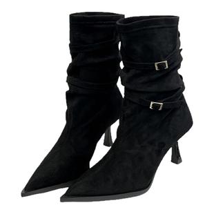 气质显瘦尖头细跟皮带扣褶皱堆堆靴弹力短靴女百搭时尚外穿时装靴