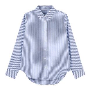 弥古蓝色条纹亚麻衬衫女士外套宽松秋冬长袖打底内搭法式衬衣上衣