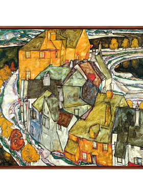 席勒《新月形房屋》版画客厅装饰画玄关挂画餐厅卧室壁画实木框画