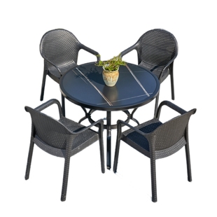 远茂户外庭院桌椅铝合金岩板圆桌仿编藤椅茶桌椅组合室外防水防晒