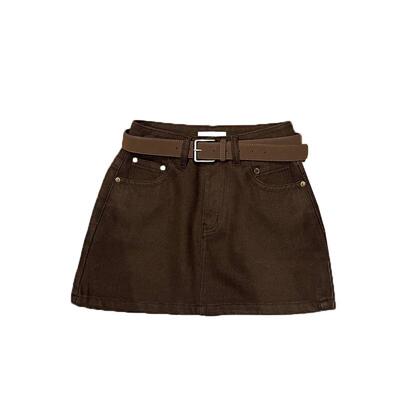 NANCYLILI 牛仔半身裙女秋季复古送腰带包臀A字裙咖色做旧短裙