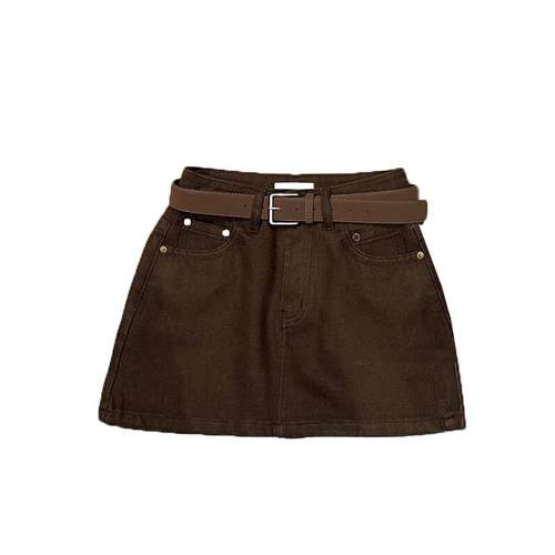 NANCYLILI 牛仔半身裙女秋季复古送腰带包臀A字裙咖色做旧短裙