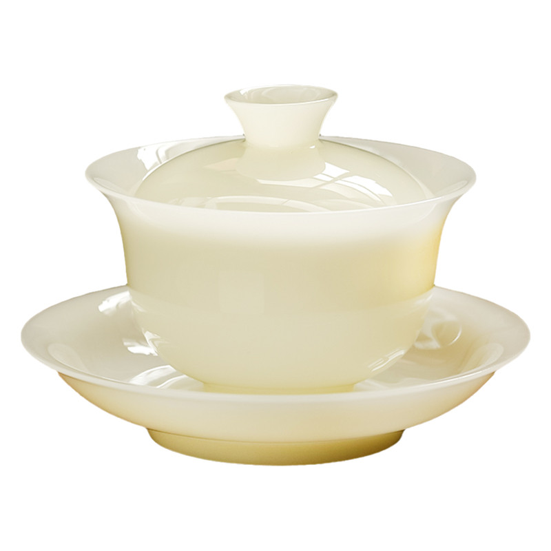 德化白瓷璞玉君子如玉元宝盖碗冰种玉瓷原矿岩茶泡茶碗上釉玉石白