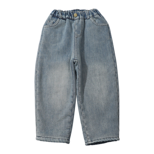 女童加绒裤子冬装2025新款加厚儿童窄版直筒裤女宝宝一体绒牛仔裤