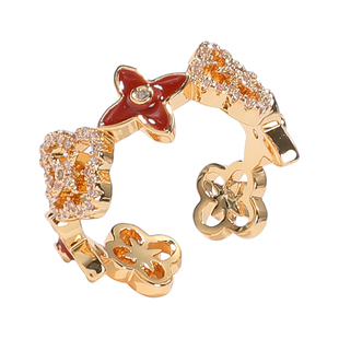 DIGU微镶闪钻四叶草戒指女精致镂空镶钻红色滴釉开口食指指环手饰