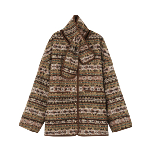 BLUEerror 复古感围巾款双面穿v领提花毛绒外套女摇粒绒上衣冬季