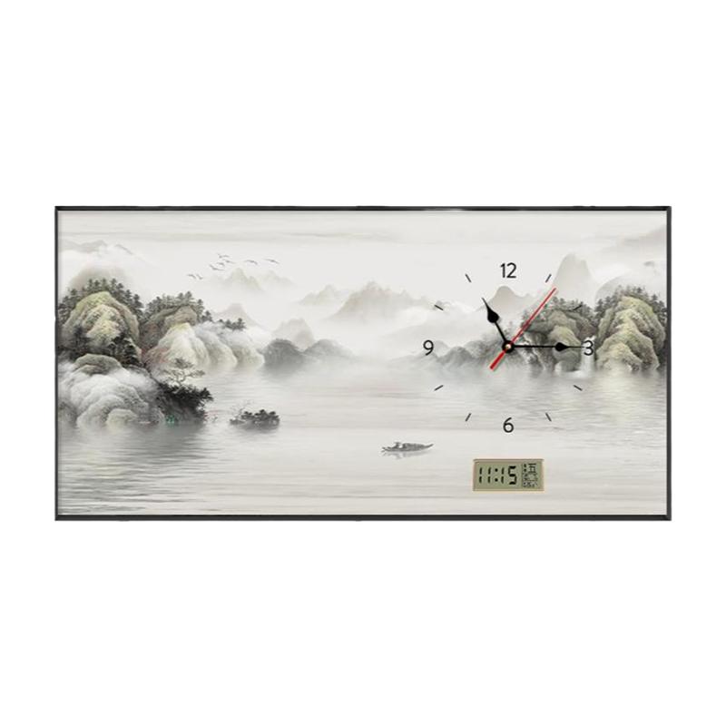 新中式客厅餐厅钟表装饰画电子时钟饭厅墙上挂画招财山水画万年历