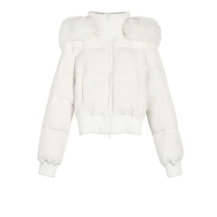 韩系白色短款棉服女秋冬连帽大毛领收腰显瘦加厚外套小个子高级感