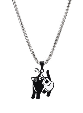 PDSTYLE 潮酷背吉他黑色小猫项链男女生个性礼物不掉色毛衣链吊坠