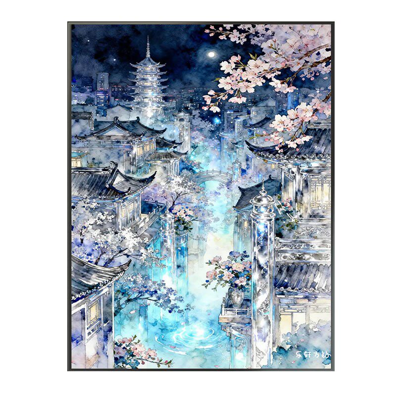 2026年新款粘贴钻石画方钻樱花古城建筑客厅点钻画手工十字绣卧室