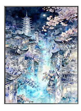 2026年新款粘贴钻石画方钻樱花古城建筑客厅点钻画手工十字绣卧室